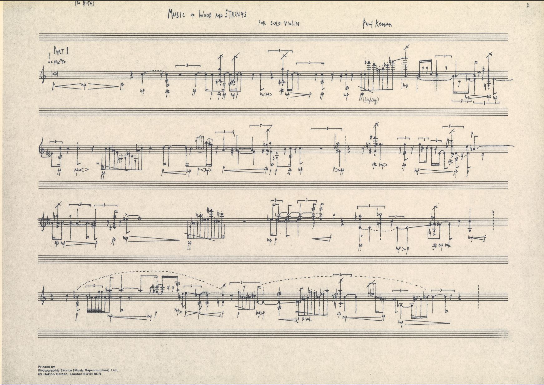 Facsimile copy of page 1 of Paul Keenan’s Music for Wood and Strings